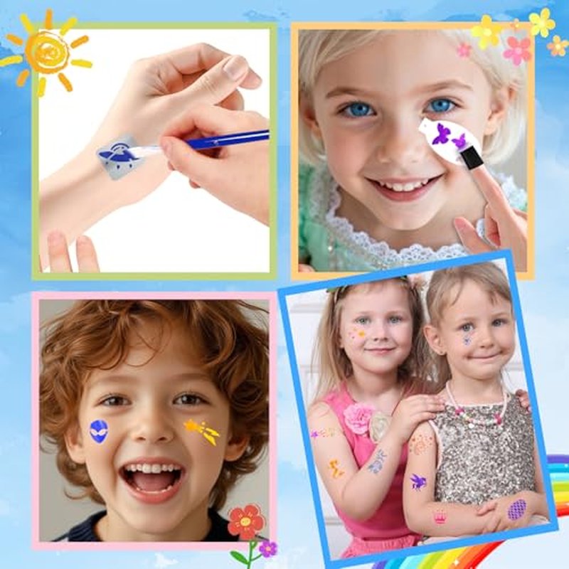 58 PCS Face Paint Stencils for Kids and Adults, 36 Reusable Facial Painting Templates, 6 Sticky Tattoo Stencils, 10 Makeup Brushes, 2 Adhesive Gem Stickers, 4 Finger Sponges for Party Makeup