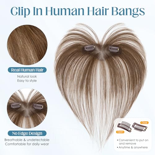 Clip-In Human Hair Bangs for Women - Medium Brown, Wispy & Seamless, 9g