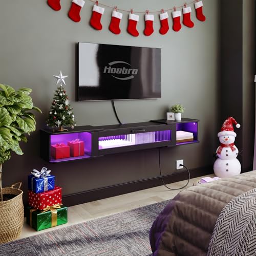 55.1 Inch Floating TV Shelf with LED Light & Power Outlets, Wall Mounted Entertainment Center, Black