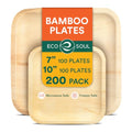 Eco Soul Disposable Bamboo Plates Bundle - 200 Pack, 7 & 10 Inch Square Dinnerware