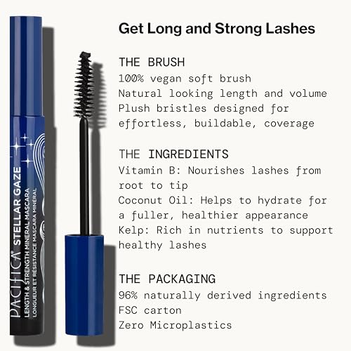 Pacifica Stellar Gaze Mascara (Supernova Black, Glass Vial) ? Length & Strength Formula with Coconut & Vitamin B, Sustainable Packaging, Vegan