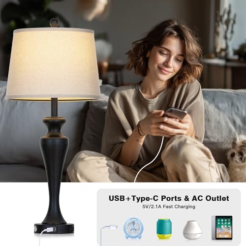 Black 30-Inch Modern Table Lamps Set of 2 with Touch Control & USB Ports
