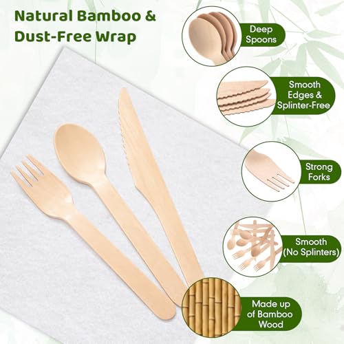 Nuenen White 150 Pack Bamboo Cutlery & Napkin Set - Eco-Friendly Disposable Utensils