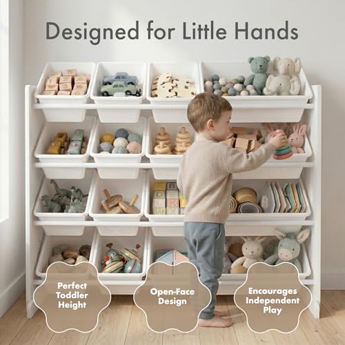 Humble Crew Kids Toy Organizer with 16 Bins - White/White, 4-Tier Storage