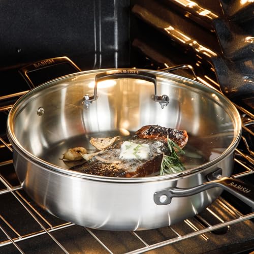 Babish 5-Qt Tri-Ply Stainless Steel Sauté Pan with Lid - Black PVD Handles, Oven & Induction Safe