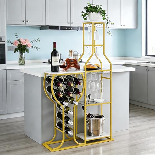 White 5-Tier Freestanding Wooden Wine Rack - Holds 11 Bottles, Glasses Storage