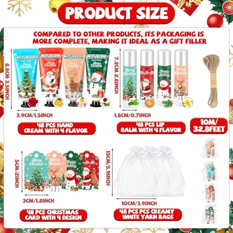 192 Pcs 48 Sets Christmas Hand Cream and Lip Balm Gift Bulk Set,Moisturizing Lip Balm Hand Lotion with Organza Bag Xmas Card, Holiday Birthday Party Favors Stocking Stuffers Gifts for Women Girls
