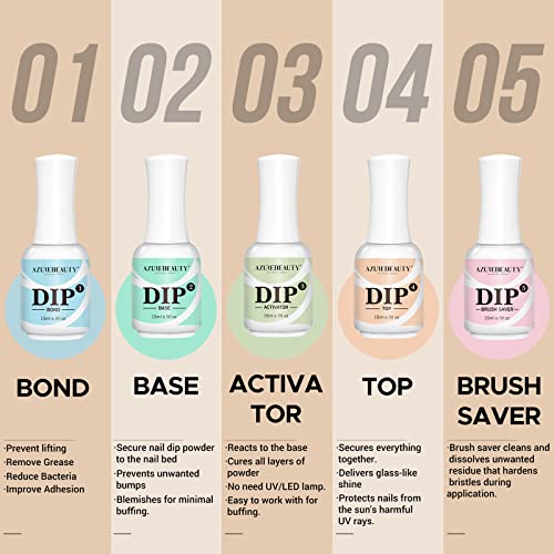 AzureBeauty A2-Clear Dip Powder Liquid Set - 5 Pack, 15ml Each, Long-Lasting Nail System