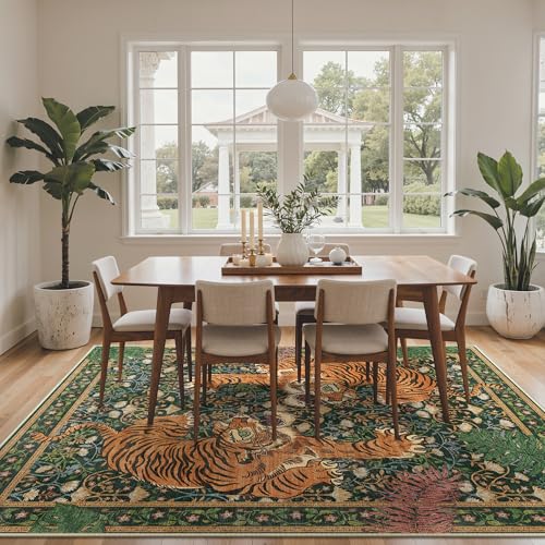 Green Tiger Print Washable Area Rug 6x9 Non Slip for Living Room & Bedroom
