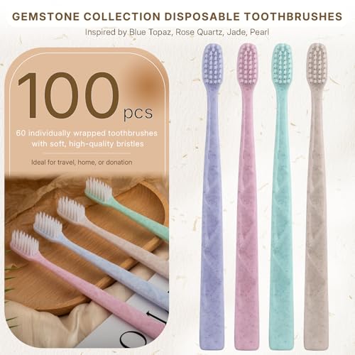 100 Pack Disposable Toothbrushes with Tongue Scraper - Soft Bristles, Individually Wrapped Bulk Travel Set - 4 Colors