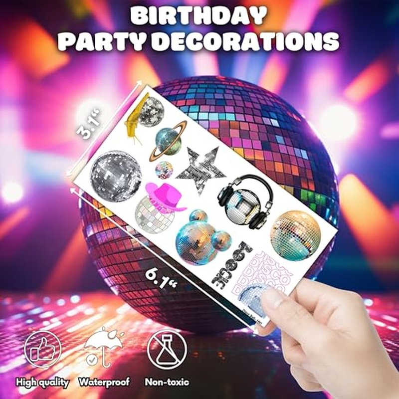 96PCS Disco Ball Temporary Tattoos Themed Birthday Party Decorations Supplies Favors Decor Cute 70s 1970s Dance Dancing Tattoo Stickers Gifts For Kids Girls Boys Prizes Carnival