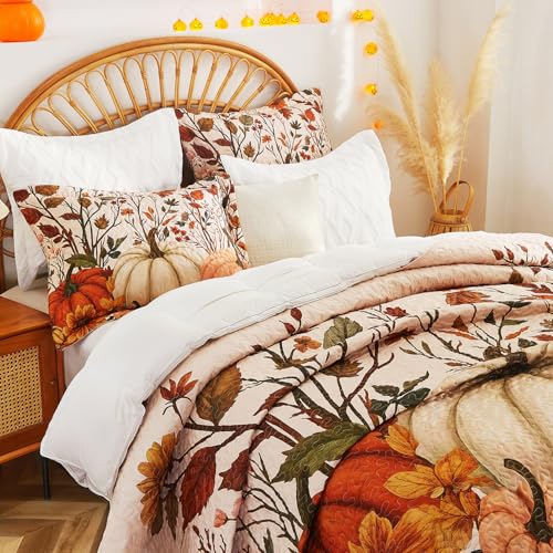 King Fall Pumpkin Quilt Set 3-Piece Reversible Bedspread for All Seasons