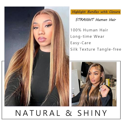 P4/27 Highlight Brown Blonde Human Hair Bundles with 4x4 Lace Closure - Ombre 3 Bundles 12 14 16 + 12 Inch Free Highlight