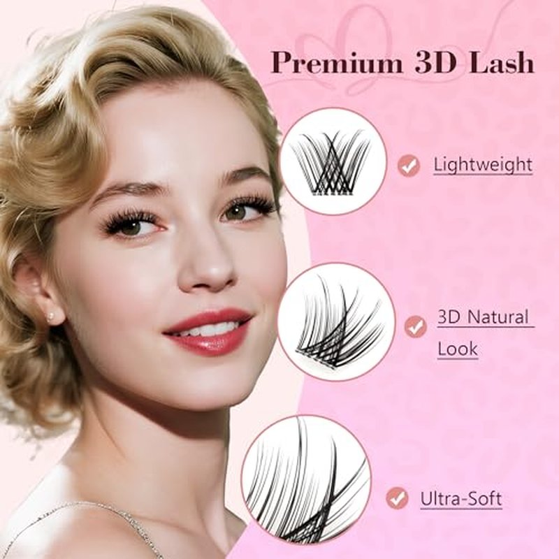 Lash Clusters Kit D Curl Natural DIY Extension Kit, Wispy Lashes 9?14mm, Cluster Eyelash Extensions Beginner Kit, 144pcs with Tweezers, Bond & Seal