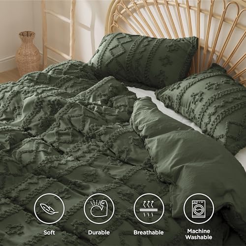 Boho King Duvet Cover Set - Olive Green Tufted Embroidery 3-Piece, Elegant Variation 02