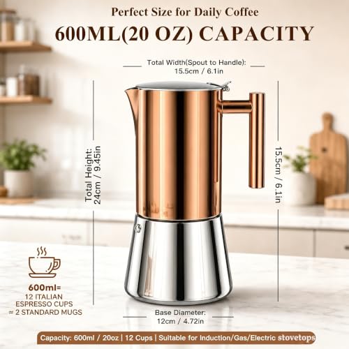 Large 12-Cup Rose Gold Stainless Steel Moka Pot - 600ml Stovetop Espresso Brewer