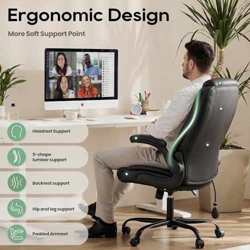 Black Adjustable Lumbar Support Office Chair with Flip-Up Arms - Ergonomic Executive Desk Seat - MALOL