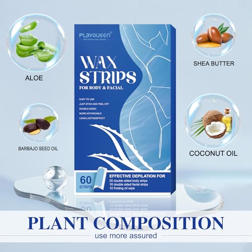 Wax Strips Hair Removal Kit ? 60 Wax Strips + 10 Calming Oil Wipes, No Heating Required, Gentle & Effective for Face, Legs, Arms & Underarms, For Sensitive Skin, Beach Travel Essentials Kit
