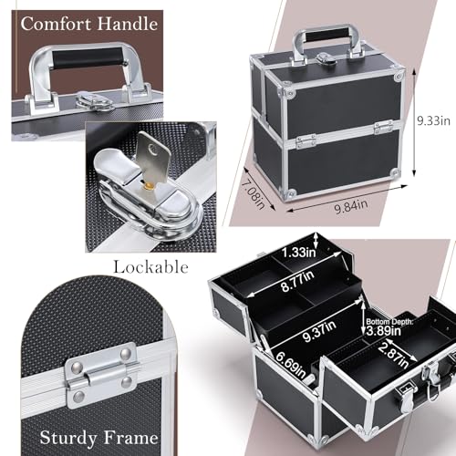 FRENESSA Black Makeup Train Case with 4 Trays Lockable Portable Cosmetic Organizer