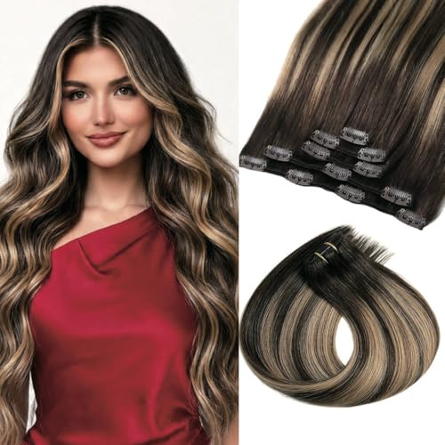 Ranyalulu 14 Inch Balayage Clip-In Hair Extensions 80g - Chocolate Brown to Caramel Blonde