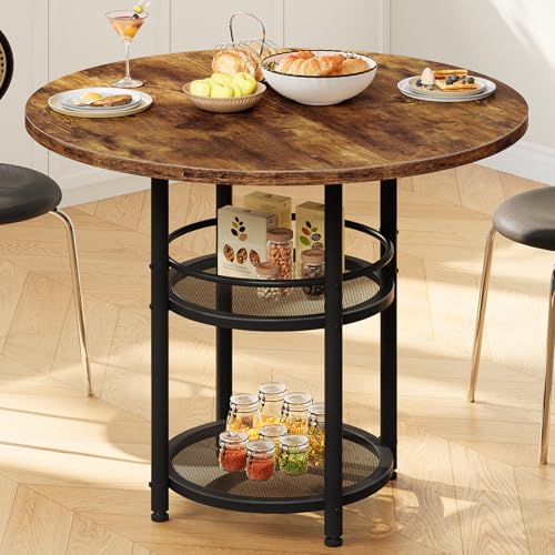Round Dining Table for 2 with Two-Tier Storage - Rustic Brown & Black, 31.5" Kitchen Table for Small Spaces