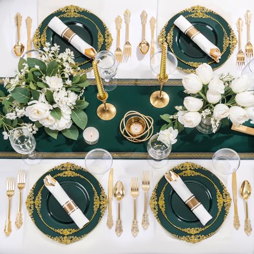 Green Plastic Dinnerware Set for 50 Guests - Gold Rim, 350 Pieces, Includes Plates Cups & Utensils