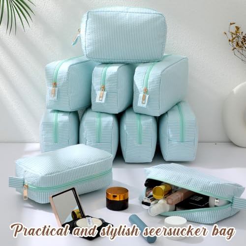 Sanwuta 10 Pcs Seersucker Cosmetic Bag Seersucker Makeup Bag Women Stripe Large Travel Toiletry Organizer Preppy Storage Pouch for Embroidery Wedding Bridesmaid Bride Mom (Mint Green)