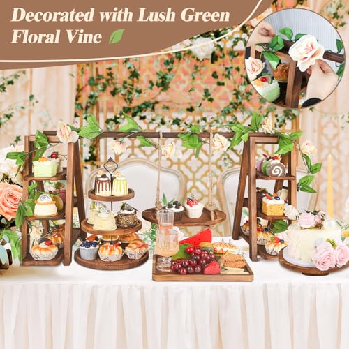 Brown Upgraded 4 Pack Wooden Cake Stand Set 3 Tier Swing Cupcake Display with Floral Decor