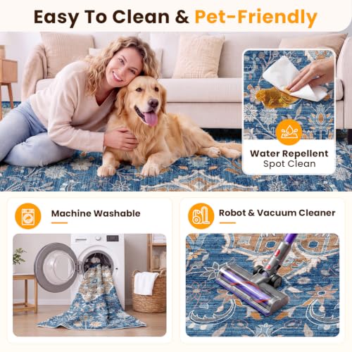 SameBed 8x10 Blue Vintage Washable Area Rug Living Room Carpet