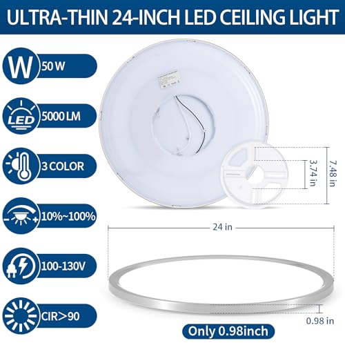 24 Inch Large LED Flush Mount Ceiling Light Fixture Dimmable Brushed Nickel - Variation of Brushed Nickel / 24 Inch