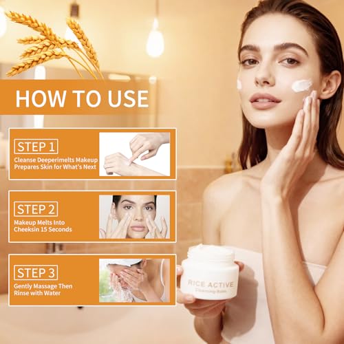 Makeup Remover Cleansing Balm, Deep Cleansing Remover Melting Balm, Hydrating Facial Cleanser with Rice, Melt Stubborn Waterproof Make Up, Mascara, Lips, Face, Eye Liner - Vegan Skincare