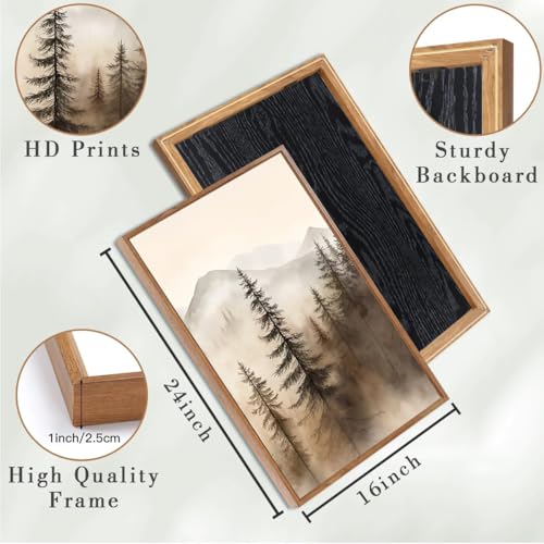 Large Mountain Forest Wall Art Set of 3 - Framed Canvas Prints, 16x24 Inches, Brown Variation