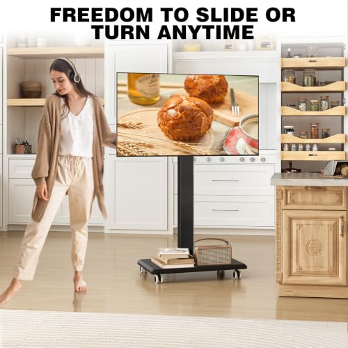 TVON Black Wooden Base Rolling TV Stand for 32-70 Inch TVs, Swivel & Height Adjustable