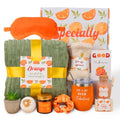 Orange Fall Gift Basket for Women with Blanket & Spa Essentials - Green Blanket Variation