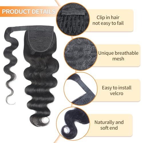 Body Wave Ponytail Extension 16 Inch Human Hair Wrap Around Clip-In for Black Women