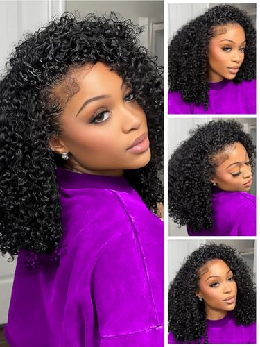 Natural Black 16 Inch Kinky Curly Half Wig Human Hair 3-in-1 Glueless Flip Over Style