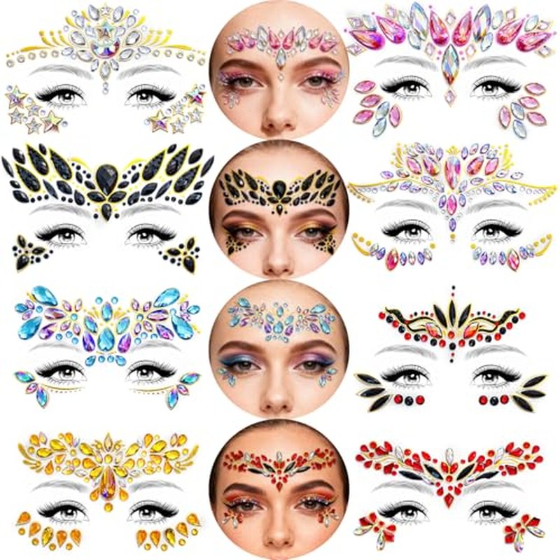 8 Sheets Mermaid Face Jewels Stick On,Self-Adhesive Face Gems,Temporary Crystal Stickers Sparkling Acrylic Face Rhinestones,Waterproof Face Jewels Rhinestone for Birthday Festival Music Carnival Party