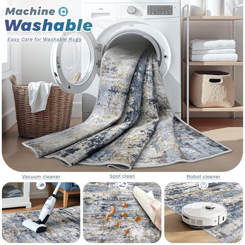 Pmtsns Large Washable Area Rug 8x10 Modern Abstract Neutral Blue Grey Brown Non-Slip Low-Pile for Living Room Bedroom Home Office