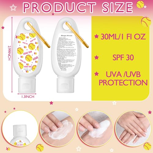 Leelosp Softball Sunscreen Keychain Set - 24 Mini SPF 30 Water-Resistant Travel Bottles, Party & Team Gift for Girls