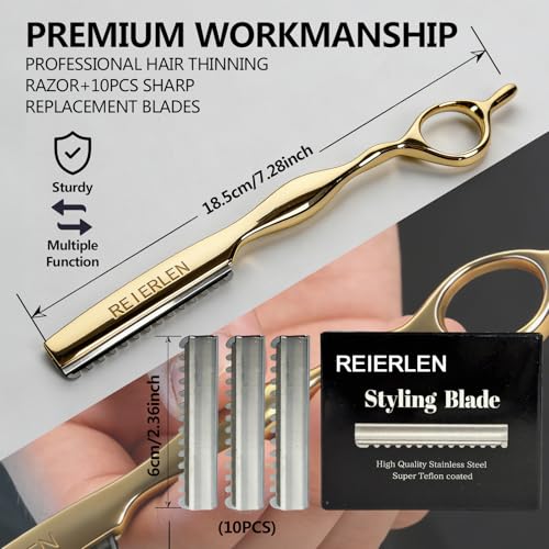 Hair Razors for Cutting - Professional Hair Cutting Razor with 10 Replacement Blades, Stainless Steel Hair Thinning & Texturizing Razor for Salon & Home, Includes Razor Comb & Case, Gold