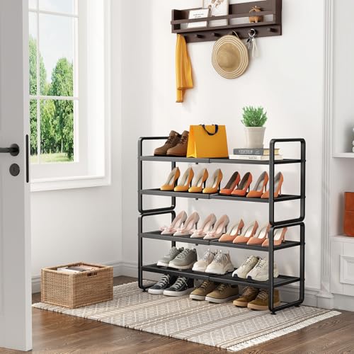 Expandable 4-Tier Metal Shoe Rack for Closet, Entryway & Garage - Black, Variation of 18.5-29.7 Inches