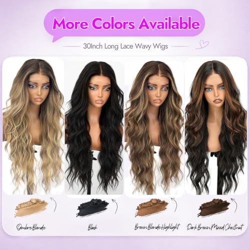 Long Ombre Blonde Wigs for Women - 30 Inch Wavy Synthetic 4x2 Lace Front - Natural Volume, Glueless Fit