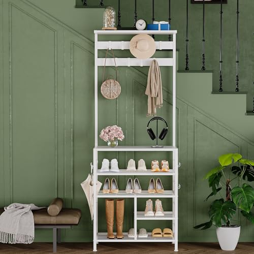 White 5-Tier Hall Tree Entryway Coat Rack with Movable Metal Hooks - GiftGo