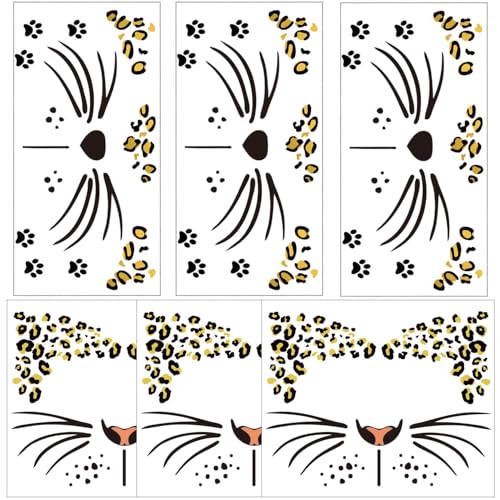 Fake Cheetah Face Tattoos 6-Sheet Leopard Print Temporary Tattoo Whisker Tattoos