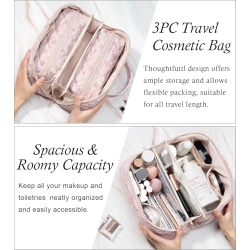 Travel Makeup Bag, 3 Pcs Large Capacity Puffy Toiletry Bag for Women, Open Flat Make up Cosmetic Organizer w/Handle & Clear Divider Water-resistant Portable Pouch Travel Essentials, L-Pink Rose