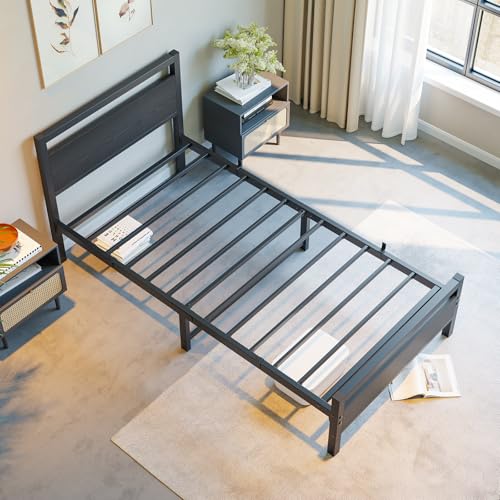 Black Twin Bed Frame with Wooden Headboard, Metal Platform, No Box Spring Needed
