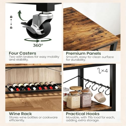 Kitchen Island with Power Outlet, Folding Top & Wine Rack, Movable, Rustic Brown