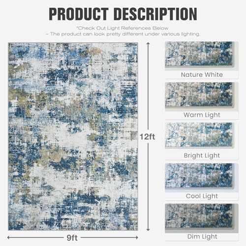 Blue 9x12 Washable Area Rug for Living Room - Soft Abstract Bedroom Carpet