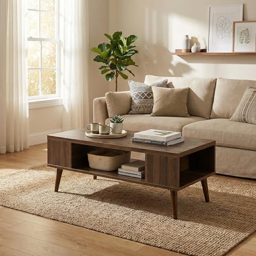Mid Century Modern Walnut Coffee Table with Storage and Open Shelf