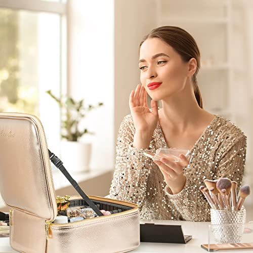 Extrei Gent Gold Makeup Travel Case with LED Light Mirror, Adjustable Brightness, Waterproof, Portable 10.4 x 9.1 x 4.6 in